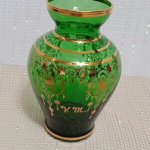 Vintage Vecchia Murano Green Art Glass Bud Vase-24kt Gold Trim